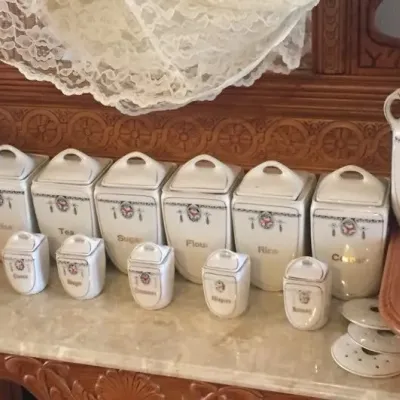 Vintage German 18 Pc Art Nouveau Canister Set Cruets Lids Spice Jars Lot Antique