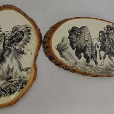 2 Indian Prints on Wood Slabs from World's Only Corn Palace