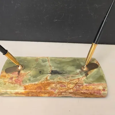 Sheaffer Double Desk Pen Set 14K Marked Nibs on Green Onyx Base