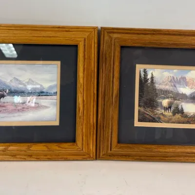 Framed Wildlife Prints Pair: Mountain Elk and River Moose Wilderness Art