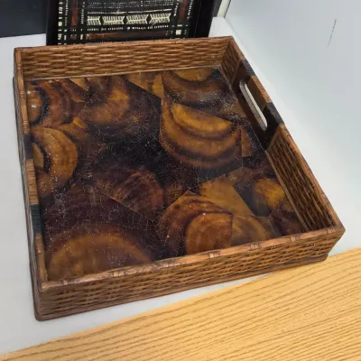 Palecek Inlaid Penshell Square Tray and Tapa Cloth Serving Tray