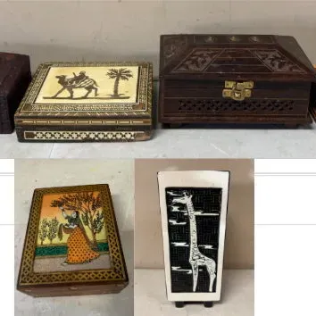 Inlaid Wood, Hand-Painted and Carved Decorative Keepsake Boxes Lot of 5 and Vase