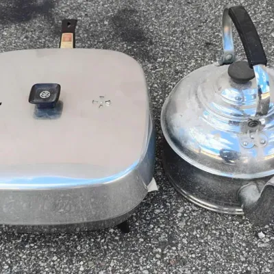 Vintage Electric Skillet and Stainless Steel Kettle Set