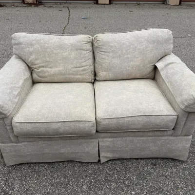 Rowe Furniture Upholstered Loveseat: Beige Textured Fabric Two-Seater Sofa with Skirt