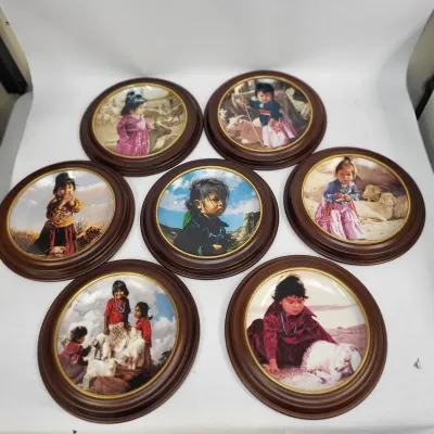 7 Hamilton Collection "The Proud Nation" Ray Swanson Native American Child Plates in Wood Frames