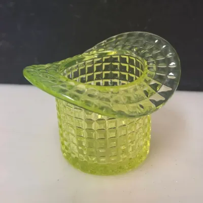 Vaseline Uranium Glass Top Hat Toothpick Holder, Cube Pattern