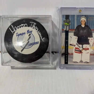 Official Licensed NHL Hockey Puck Autographed By Manon Pheaume With Card, Refer To Details - Estate Sales Warehouse (GR)