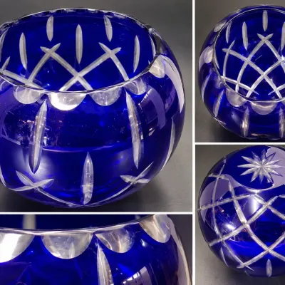 Gorham Cobalt Blue Cut To Clear Crystal Rose Bowl Starburst Design