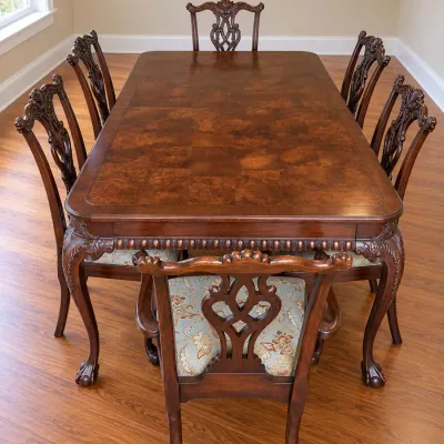 Chippendale-Style Mahogany Dining Table with 6 Hekman Furniture Dining Chairs