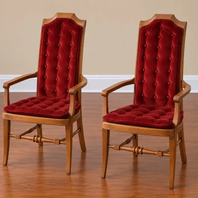 Pair of Vintage High-Back Armchairs with Red Tufted Velvet Upholstery