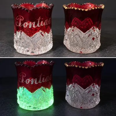 Antique Ruby-Flashed EAPG Toothpick Holders Pontiac 1900 & Rochester MN, UV Glow Pair - Potterville