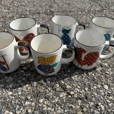 Vintage Otagiri Style Speckled Ceramic Mug Lot, Country Folk Art Designs Made in Japan