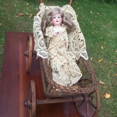 Antique Bentwood Baby Doll CARRIAGE Wooden Buggy Pram w/ German Doll