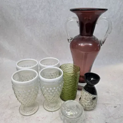 Vintage Hand-Blown Amethyst Purple Art Glass Amphora Vase w/ Other Vintage Glass and Ceramic Decor
