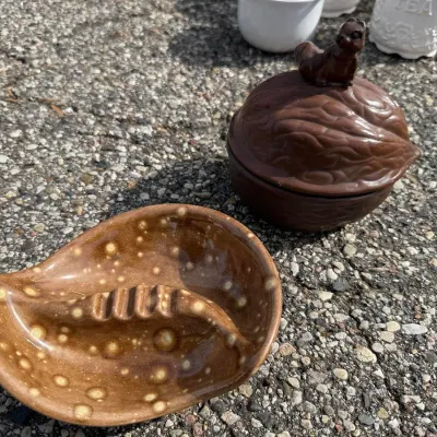Vintage Barb Signed Ceramic Speckled Ashtray and Squirrel Walnut Lidded Dish