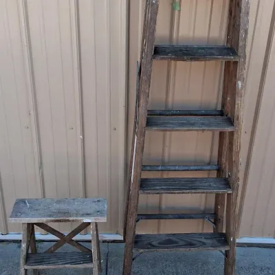 Vintage Wooden Ladder w/ Vintage Wooden Stepstool