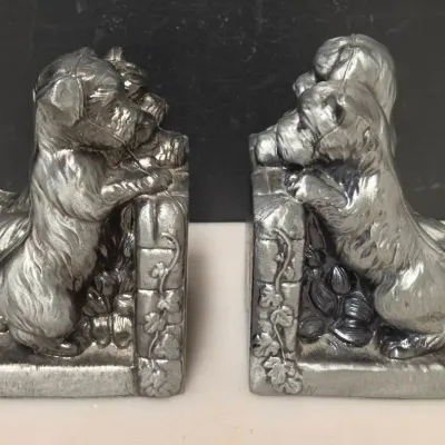Pair of Cast Metal Terrier Dog and Books Bookends, Silver Tone