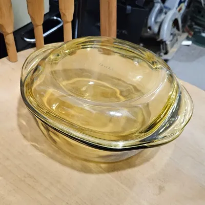Vintage Pyro Rey Amber Glass Casserole Dish w/ Glass Lid - Estate Sales Warehouse (GR)