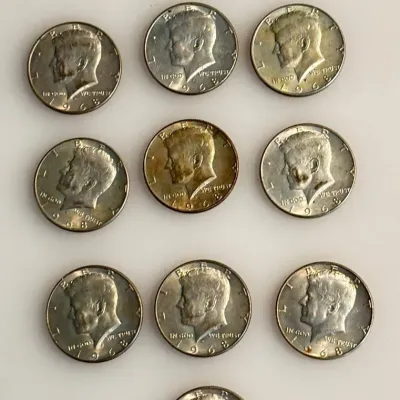 Lot of 10 - 1968 Kennedy Half Dollars - 40% Silver and 1911 90% Silver - Barber Dime