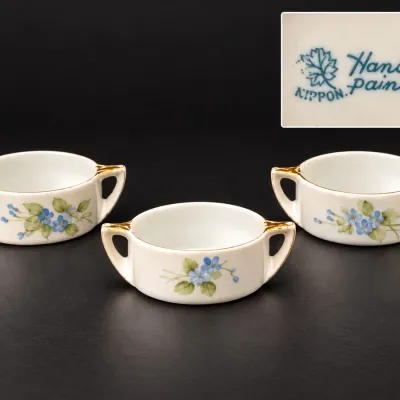 Antique 1891-1911 Nippon Hand Painted Blue Forget-Me-Not Porcelain Open Salts Set of 3 - Potterville