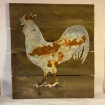 Metal Rooster/Chicken Sign on Wood Background