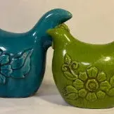 2 Ceramic Chickens with Crackle Glaze - Blue and Green