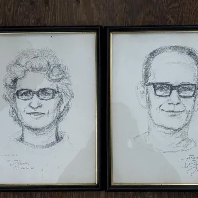 Vintage Signed Portrait Charcoal Sketches, Framed Pair "Harriet" and "Jack"