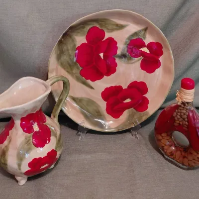 Italian Platter and Matching Pitcher, Glass Jar with Peppers
