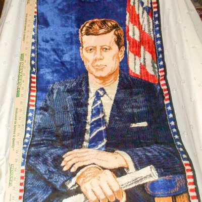 John F. Kennedy (JFK) Patriotic Woven Textile Wall Hanging and ash tray.