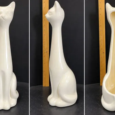 Vintage Tall White Ceramic Cat Toilet Brush Holder  18" - Potterville