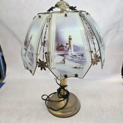 Vintage Lighthouse Themed Touch Table Lamp w/ Brass-Tone Metal Base and 6-Panel Glass Shade