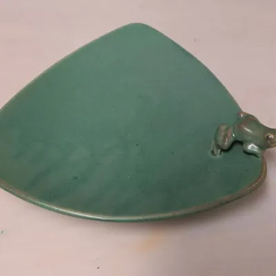 Matte Green Pottery Triangular Dish with Frog Figure, Signed