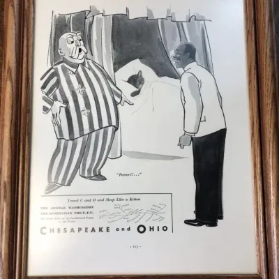 Vtg 1934 Chesapeake & Ohio Railroad Chessie Sleeping in Bed 13 x 16 Framed Advertisement