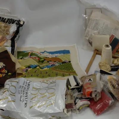 Craft Lot - Embroidery Thread, Yarn, Patterns, Material, Completed Pieces, Binding, etc.