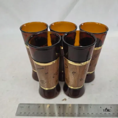 Vintage Siesta Ware Amber Glass Tumblers Wrapped in Walnut Veneer Jackets