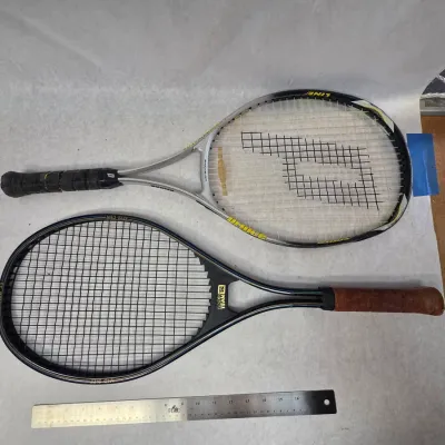 2 Vintage Tennis Racquets- Silver Prince Racquet w/ Dark Blue Midsize Racquet