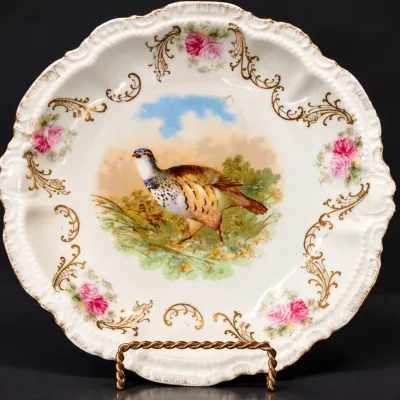 Antique P.M. Bavaria Moschendorf Porcelain Cabinet Plate With A Central Game Bird And Pink Roses - Potterville