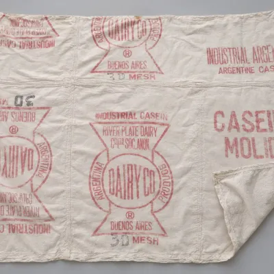 Rare 108"x96" Argentine Caseina Molida Feed Sack Fabric Bedspread Made Of Multiple Sewn Panels - Potterville