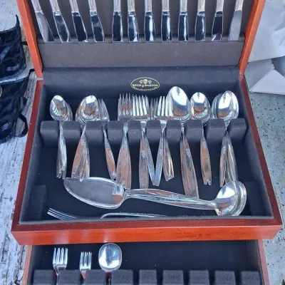 Wood Box of Reed and Barton Sterling Silver Plated Silverware
