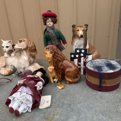 Assorted Collectibles and Figurine Lot: Porcelain Dolls, Animal Statuettes and Statue of Liberty Replica