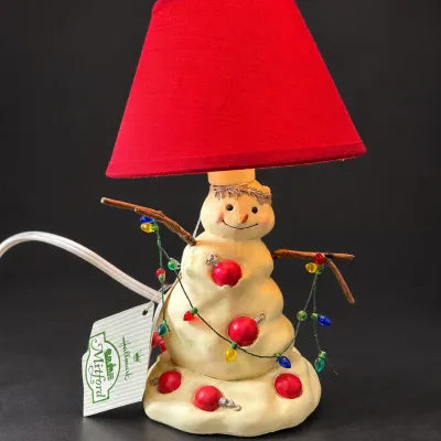 NWT Hallmark Mitford Snowman Christmas Table Lamp with Red Shade & Festive Lights - Potterville
