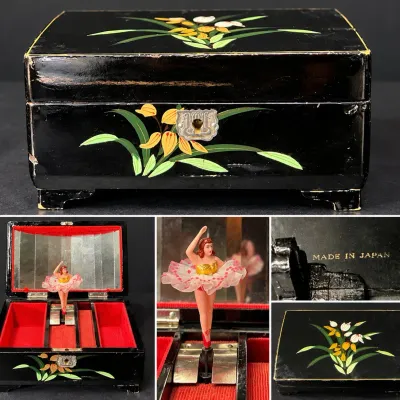 Vintage Made in Japan Black Lacquer Ballerina Music Jewelry Box Working Spinning Dancer - Potterville