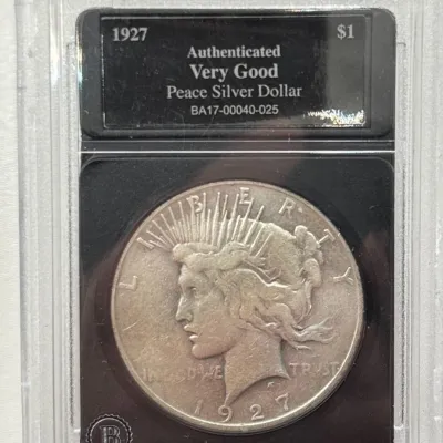 1927 - Peace Silver Dollar - Bradford Mint Authenticated Very Good