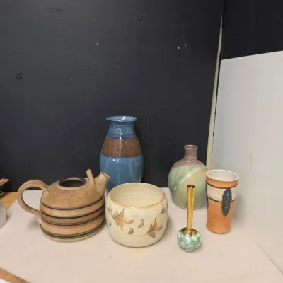Studio Pottery Grouping incl. Danish Teapot and Delft Bud Vase