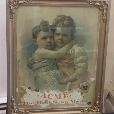 Antique 20" Framed Advertising ACME THE BEST SOAP MADE Mama's Darlings Rare HTF