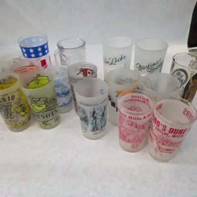 Collection of Vintage Mid Century Frost Glass State and Landmark Souvenir Tumblers