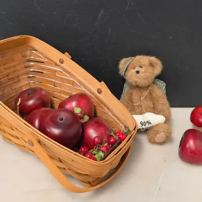 Vintage Longaberger Basket with Wooden Apples and Cherries and Boyds Bear