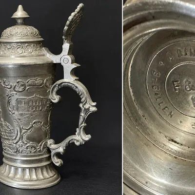 Felsenstein & Mainzer Antique Pewter Lidded Stein Swiss Scenic Relief, F&M N Mark - Potterville