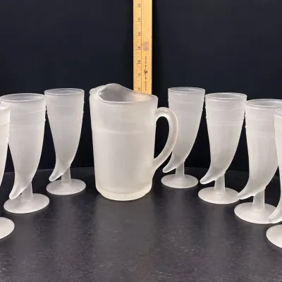 Indiana Glass Tiara Frosted Powder Horn Goblets Set of 7 with Matching Pitcher Vintage - Potterville