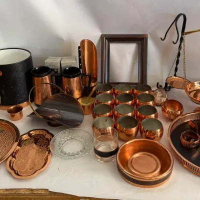 Vintage Copper and Brass Decor Lot: Serving Trays, Scales, Compote Bowl and Cups